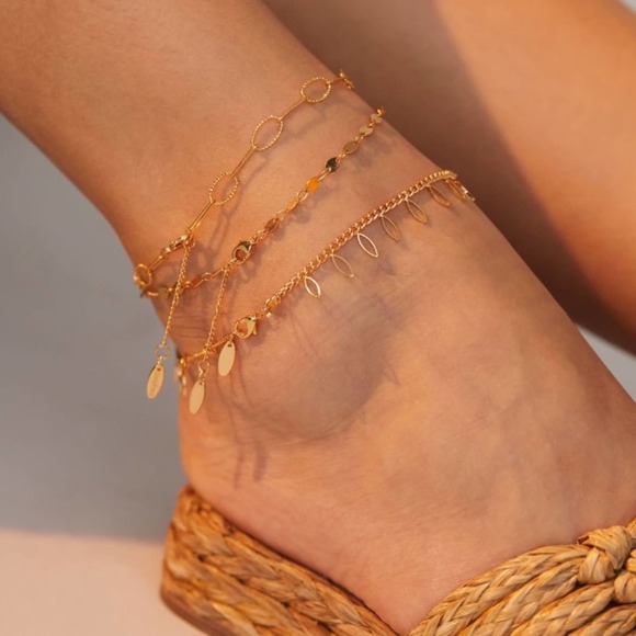 Anthropologie Jewelry - Anthropologie SET OF THREE 3 GEOMETRIC ANKLETS Gold 14k Plated in Gift Box